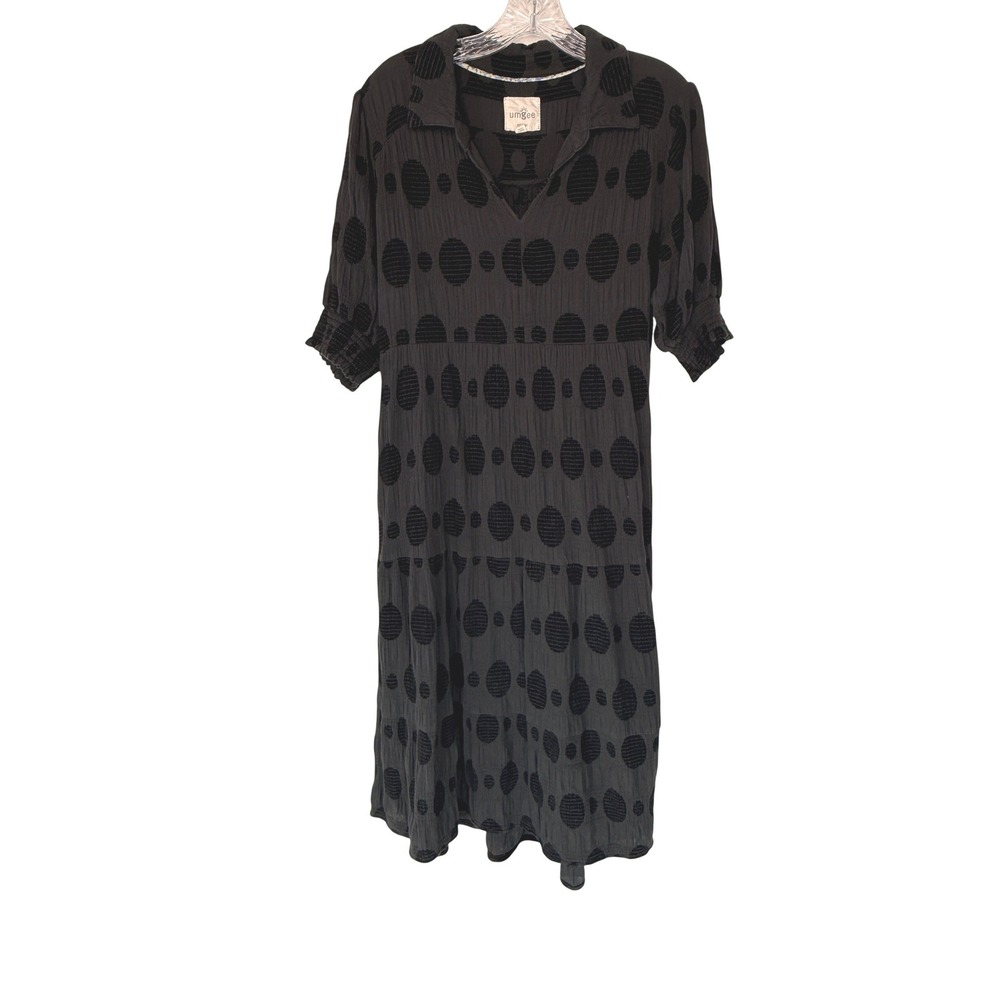 Umgee Swiss Dot Jacquard Tiered Midi Dress V-Neck Collared Basic Classy Medium